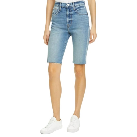 FRAME Le Vintage Bermuda Jean Short Raw Edge Miranda Sand Black Caviar - Picture 4 of 9